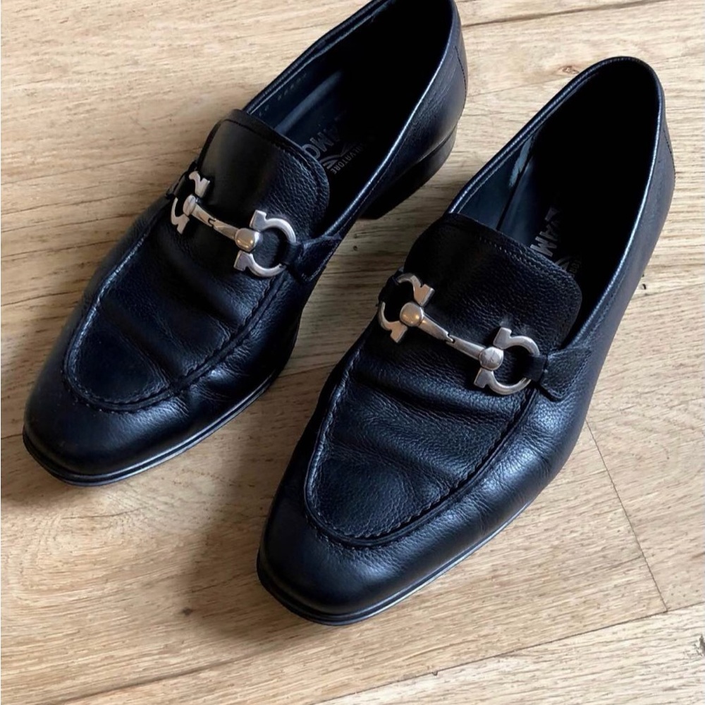 Salvatore Ferragamo Black Leather Bit Loafers with Silver Hardware